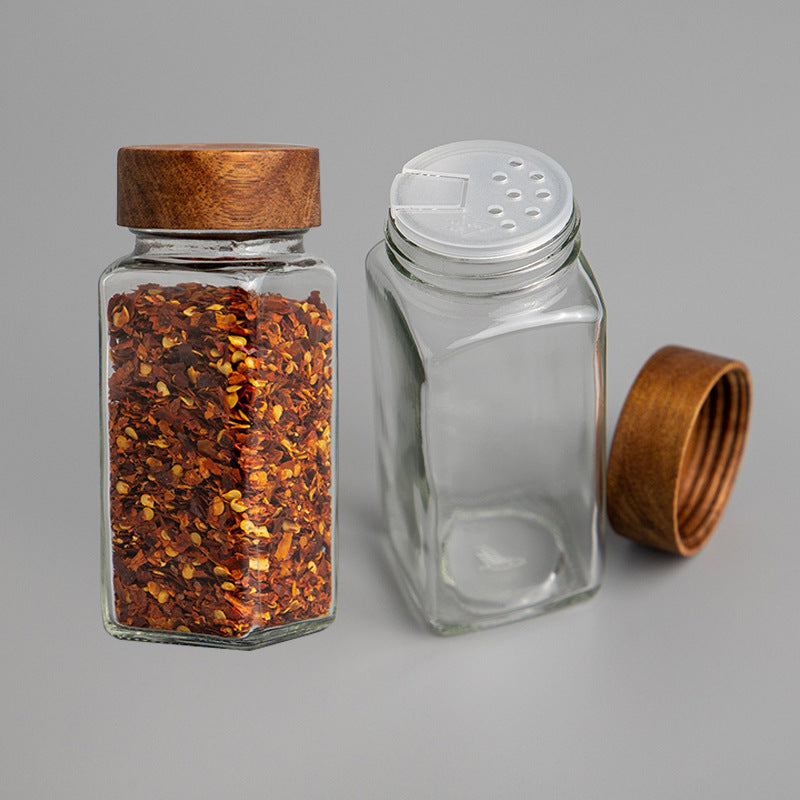 Acacia Wood Cover 120ml Square Glass Seasoning Jar 6Pcs