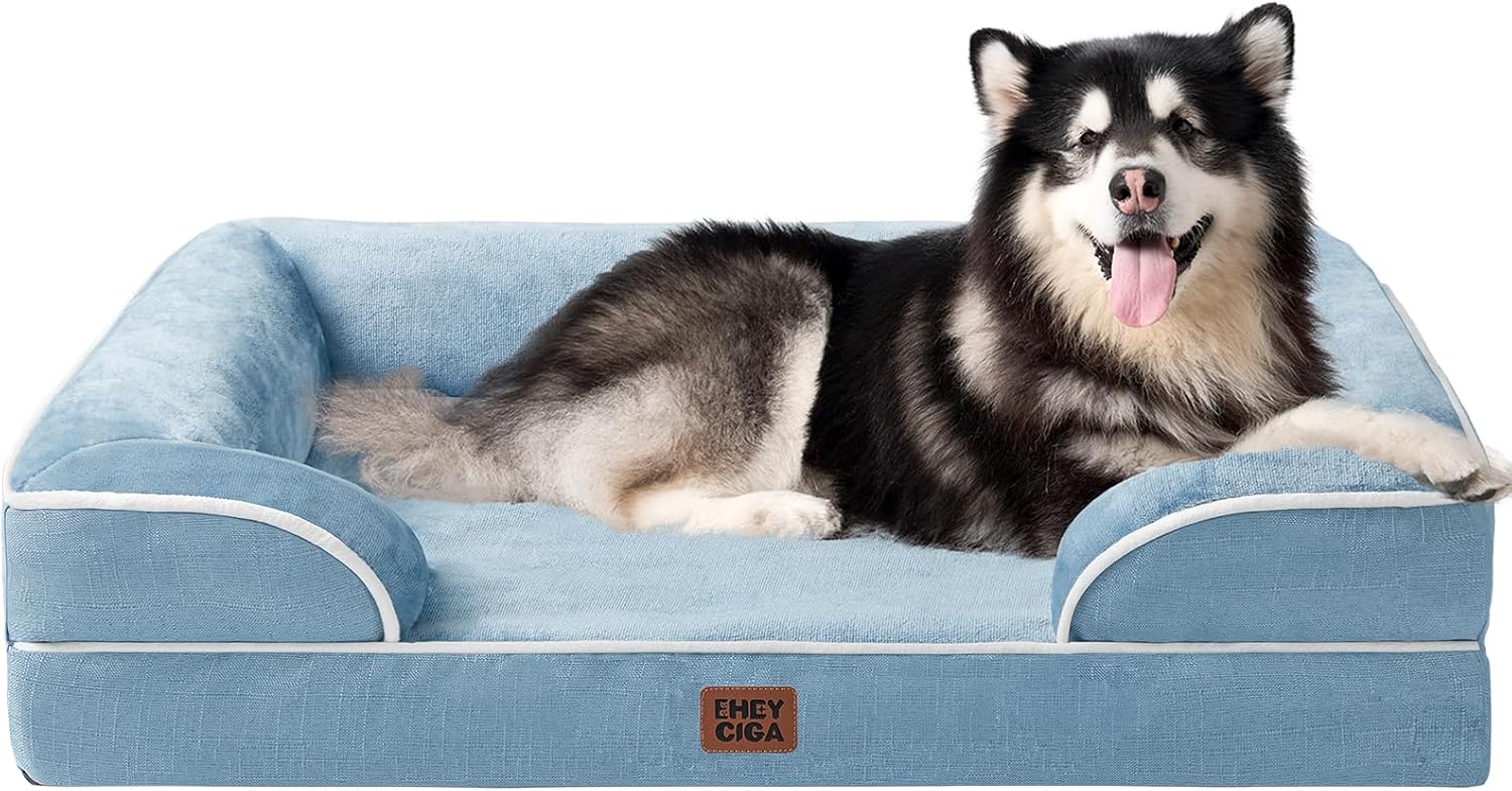 EHEYCIGA Orthopedic Dog Beds for Extra Large Dogs 44x32Inch, Waterproof Memory Foam XL Pet Bed with Sides, Non-Slip and Egg-Crate Foam Big Dog Couch Bed with Washable Removable Cover, Grey