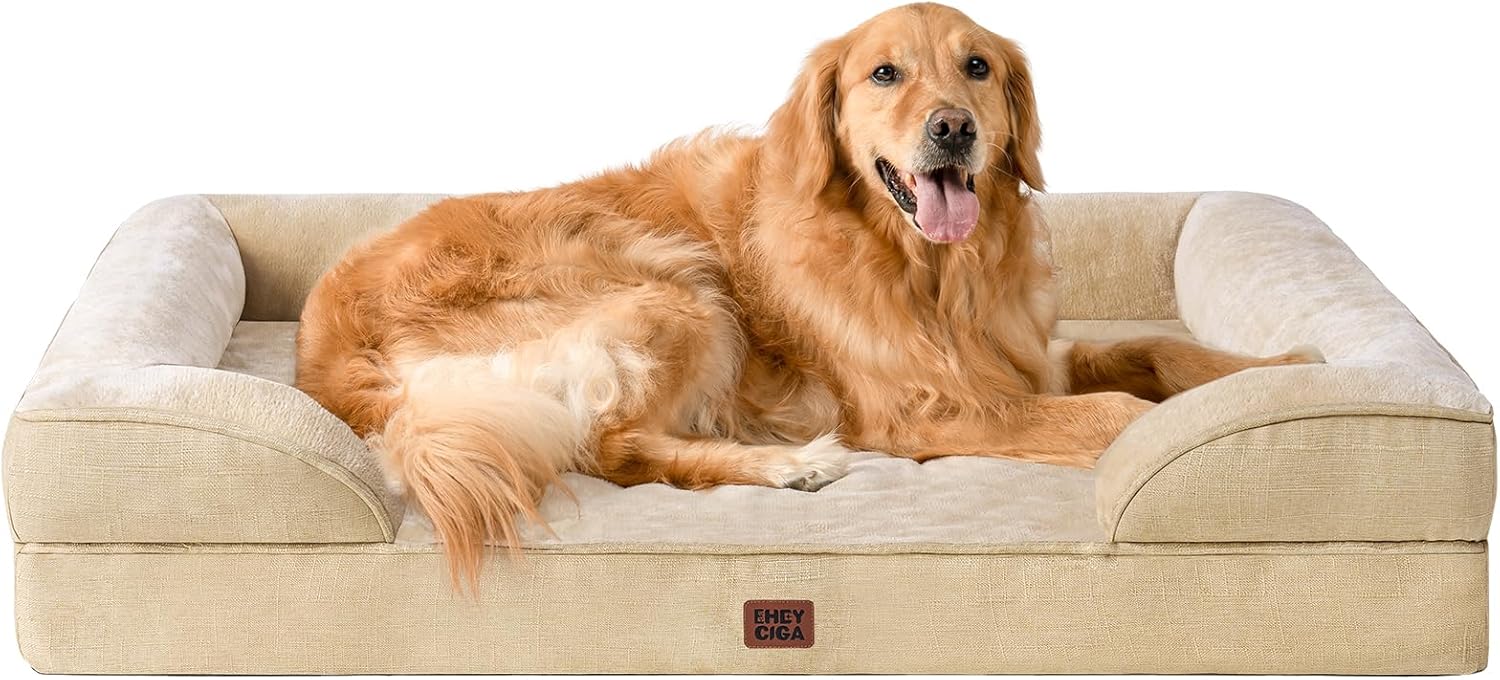 EHEYCIGA Orthopedic Dog Beds for Extra Large Dogs 44x32Inch, Waterproof Memory Foam XL Pet Bed with Sides, Non-Slip and Egg-Crate Foam Big Dog Couch Bed with Washable Removable Cover, Grey