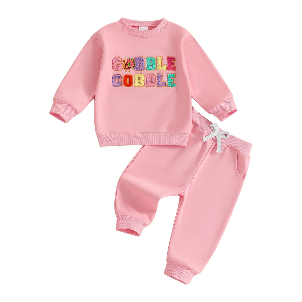 Baby Toddler Girls 2Pcs Thanksgiving Outfit Long Sleeve Turkey Gobble Embroidery Top + Pants Jogger Set Clothes