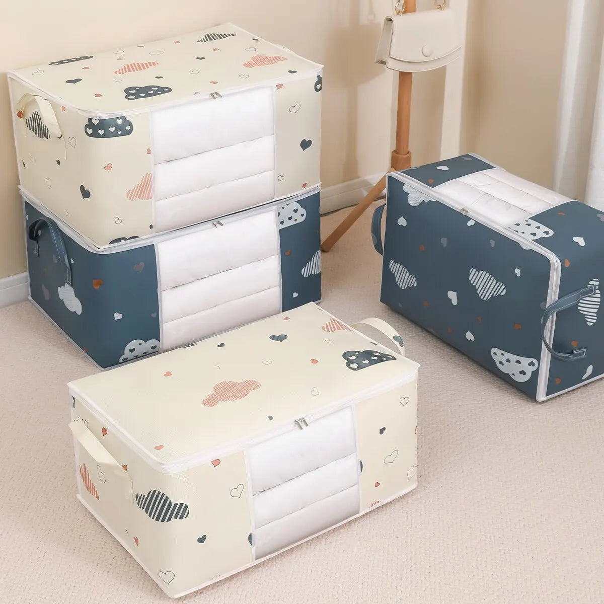 Foldable Large Capacity Clothes Storage Bag Organizer – Reinforced Handle & Sturdy Zipper | Medium 55×35×25 cm / Large 60×40×30 cm