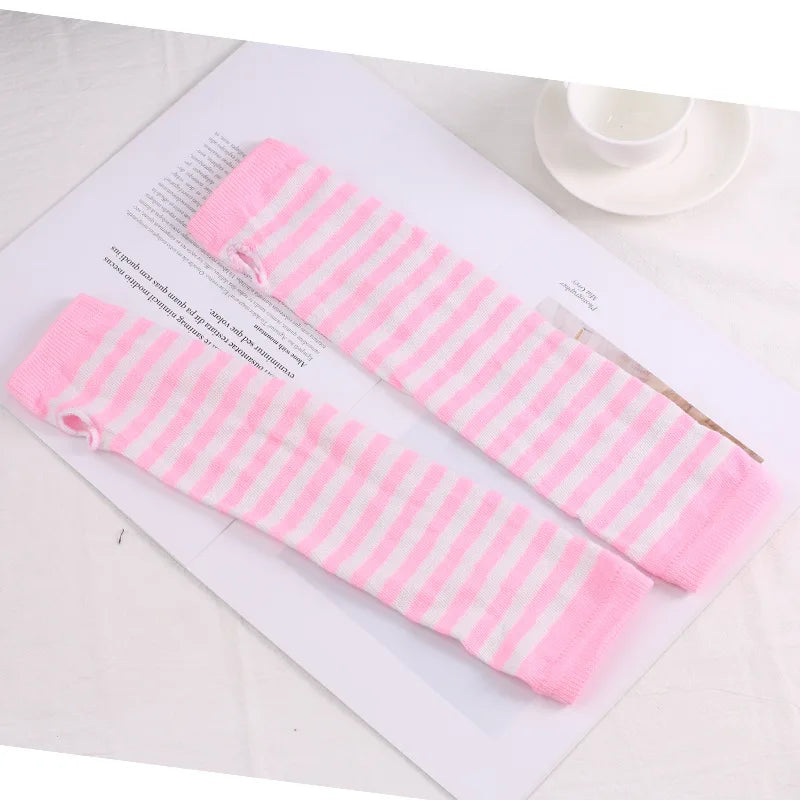 Elbow-Length Fingerless Knit Arm Warmers - Striped Winter Gloves for Men & Women