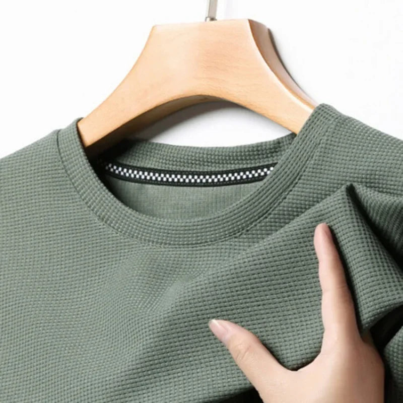 Men's Waffle Knit Short Sleeve Tee - Round Neck Casual Summer T-Shirt