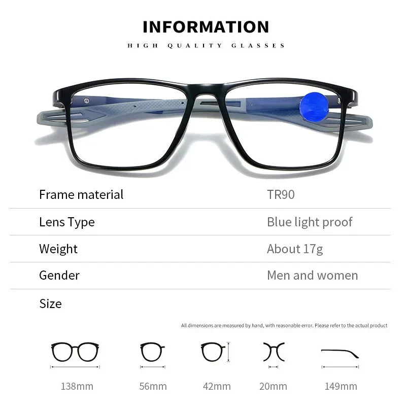 Anti-Blue Light Ultralight TR90 Reading Glasses for Men & Women Sport Presbyopia Optical Eyewear +0.0 to +4.0 Diopters