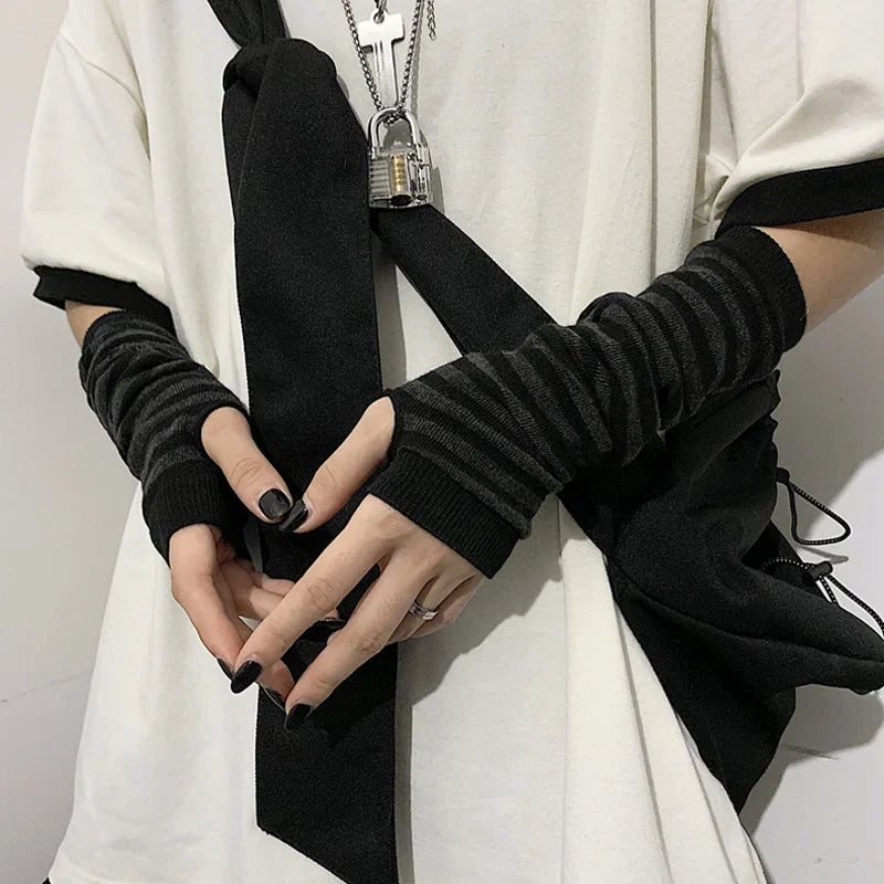Elbow-Length Fingerless Knit Arm Warmers - Striped Winter Gloves for Men & Women