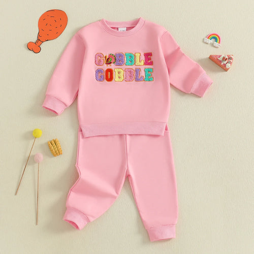 Baby Toddler Girls 2Pcs Thanksgiving Outfit Long Sleeve Turkey Gobble Embroidery Top + Pants Jogger Set Clothes