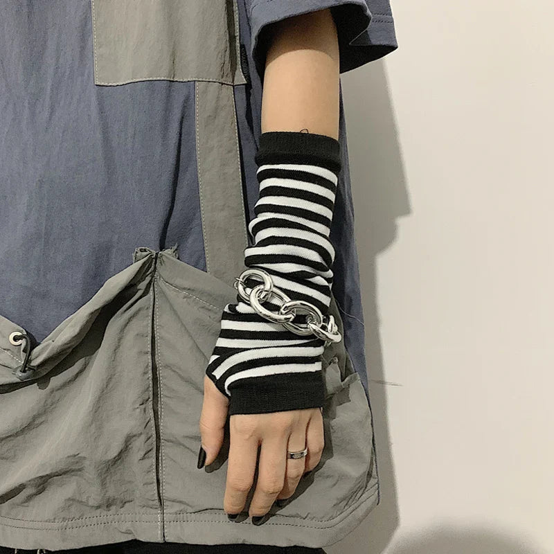 Elbow-Length Fingerless Knit Arm Warmers - Striped Winter Gloves for Men & Women