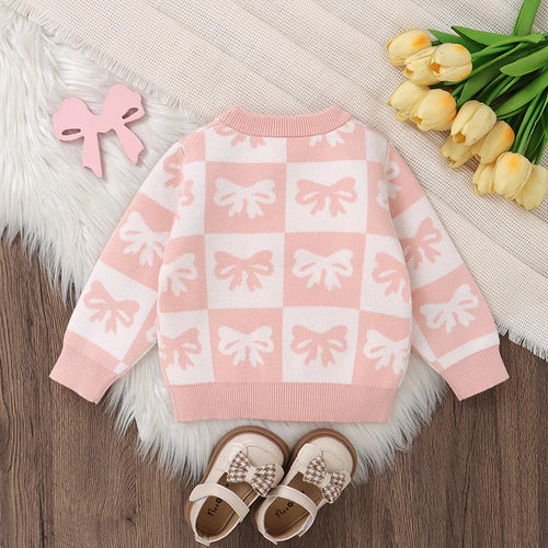 Baby Toddler Girls Sweater Bow Print Contrast Color Checkered Crew Neck Long Sleeve Baby Pullover Fall Top