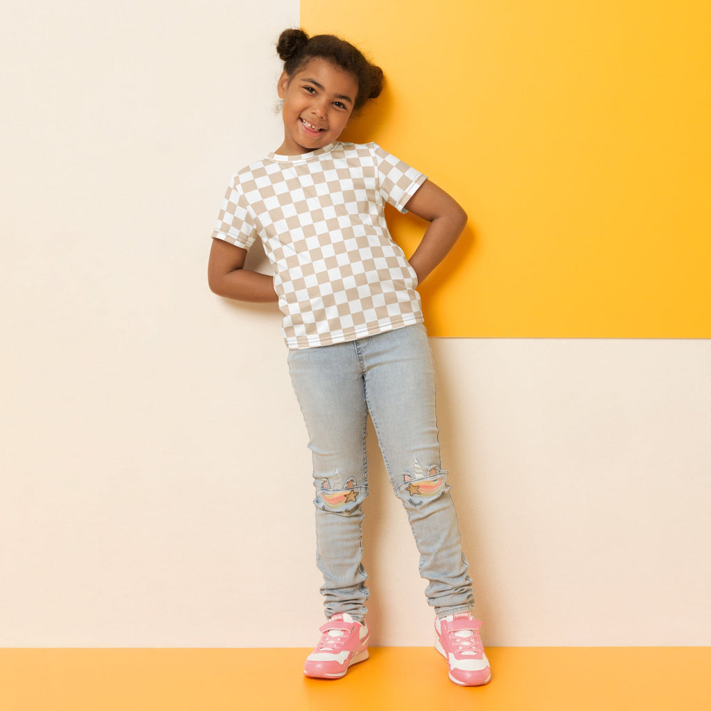 Checkered Tan White Toddler Kids Crew Neck T-shirt