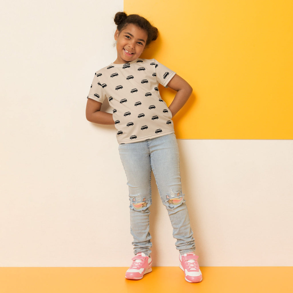 Vintage Bus Tan Black Toddler Kids Crew Neck T-shirt