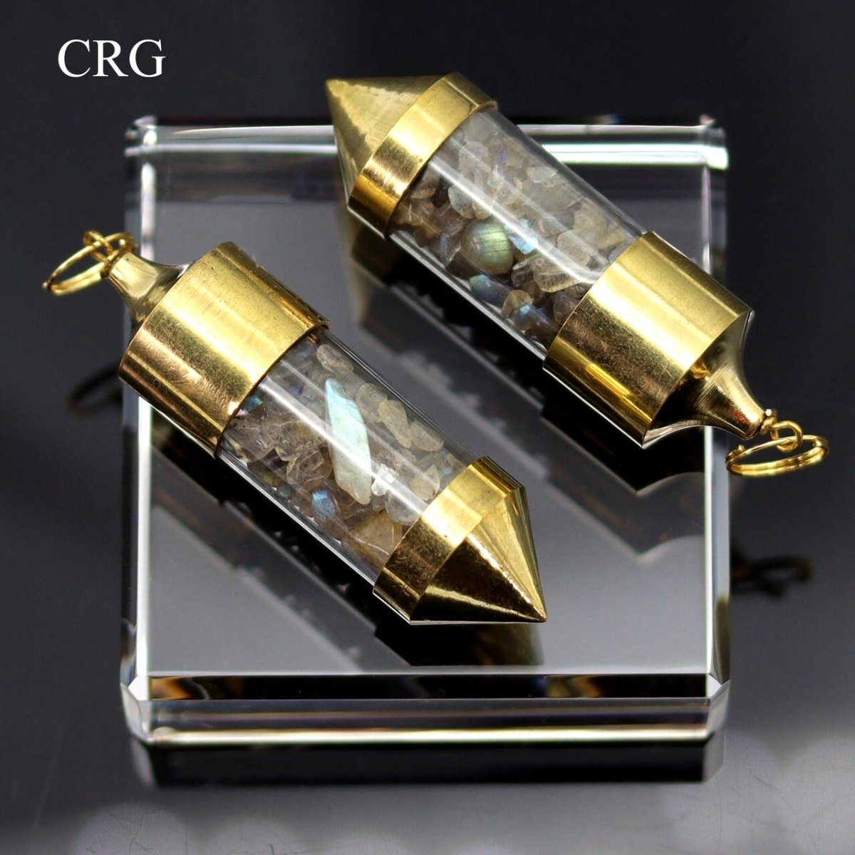 Labradorite Gemstone Chips in Gold-Plated Bottle Pendant (2 Pieces) Size 2.5 Inches