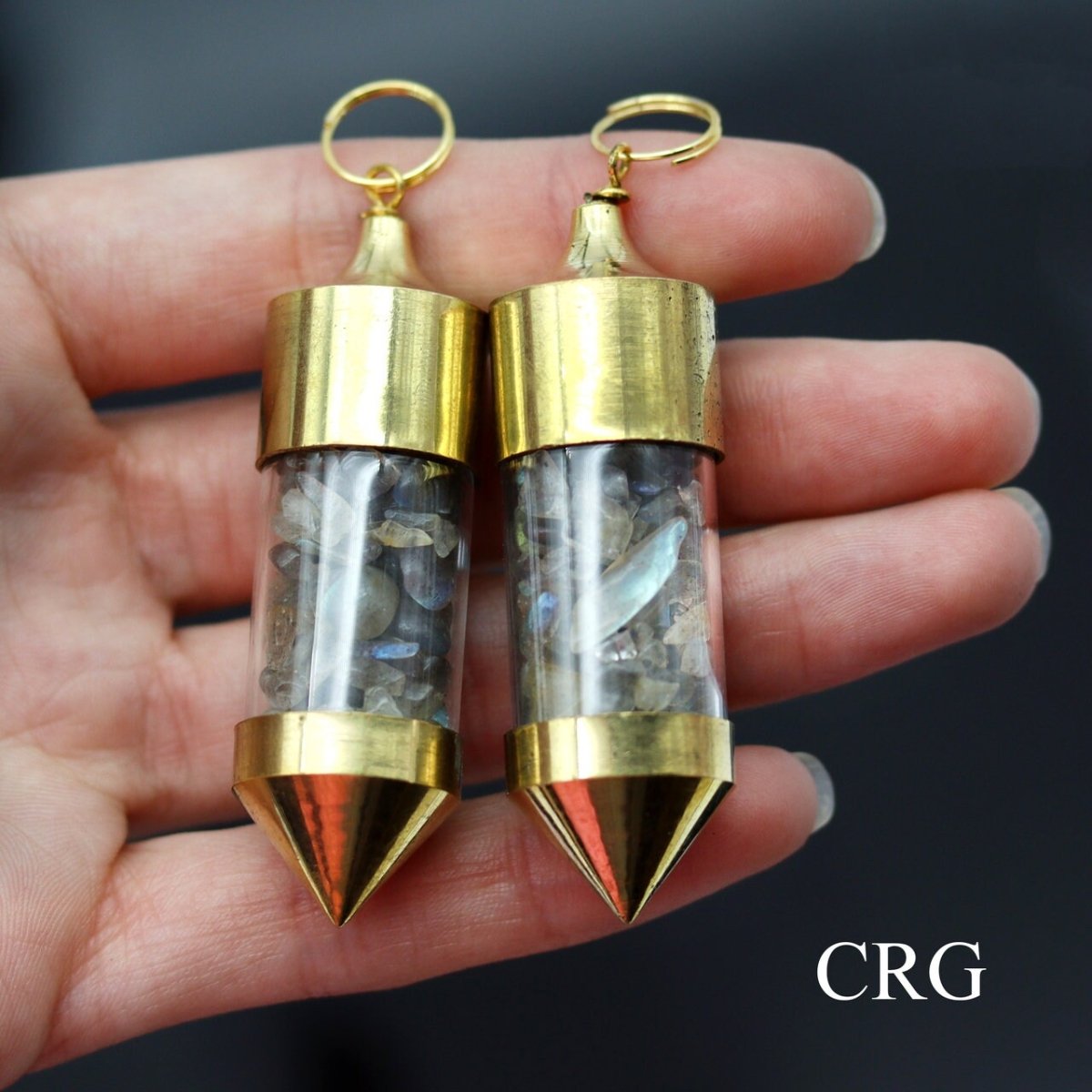 Labradorite Gemstone Chips in Gold-Plated Bottle Pendant (2 Pieces) Size 2.5 Inches