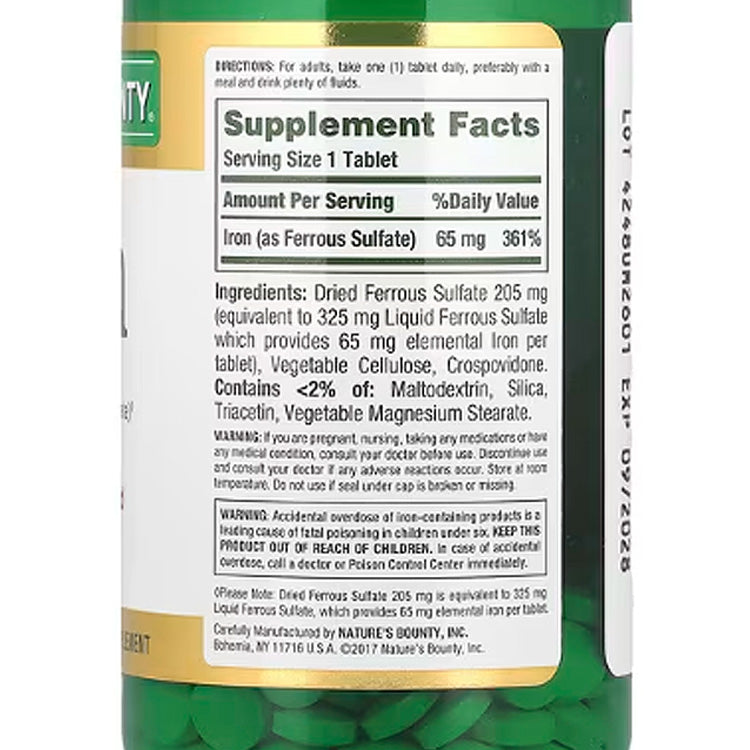 100ct Natures Bounty Iron 65 MG (325 Ferrous Sulfate) Tablets