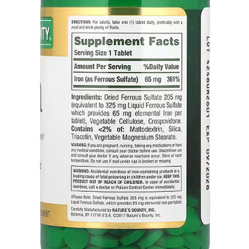 100ct Natures Bounty Iron 65 MG (325 Ferrous Sulfate) Tablets